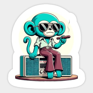 70s monkey smoking while sitting on vintage radio Sticker